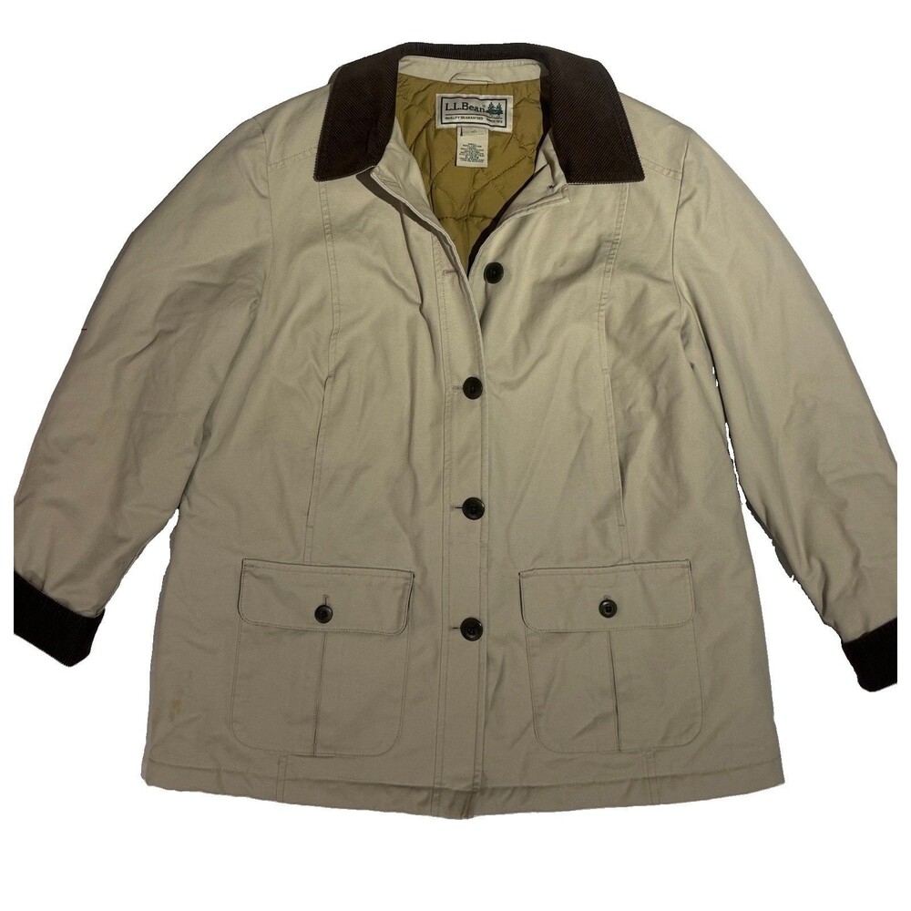 LL Bean VTG Chore Barn Canvas Coat Utility Corduroy Jacket Beige Lined Women MD